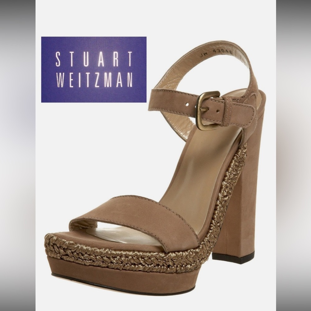 Stuart Weitzman Tan Heels with Chunky Heel and Ankle Strap